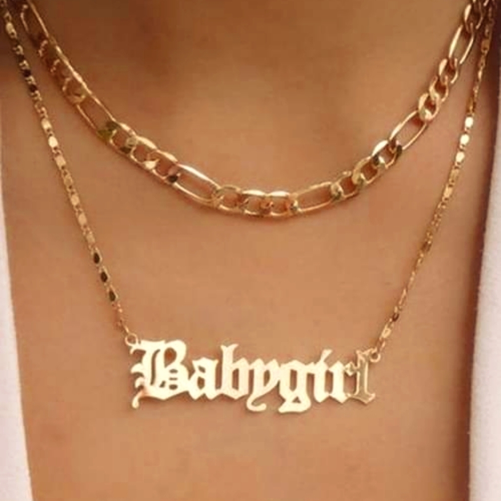 Gold Babygirl Old English Font Double Chain Necklace